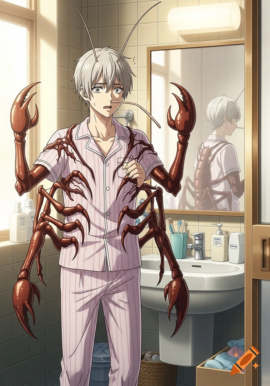 Anime boy in pajamas in a bathroom looks shocked as he transforms into a scorpion-like creature with claws and antennae.