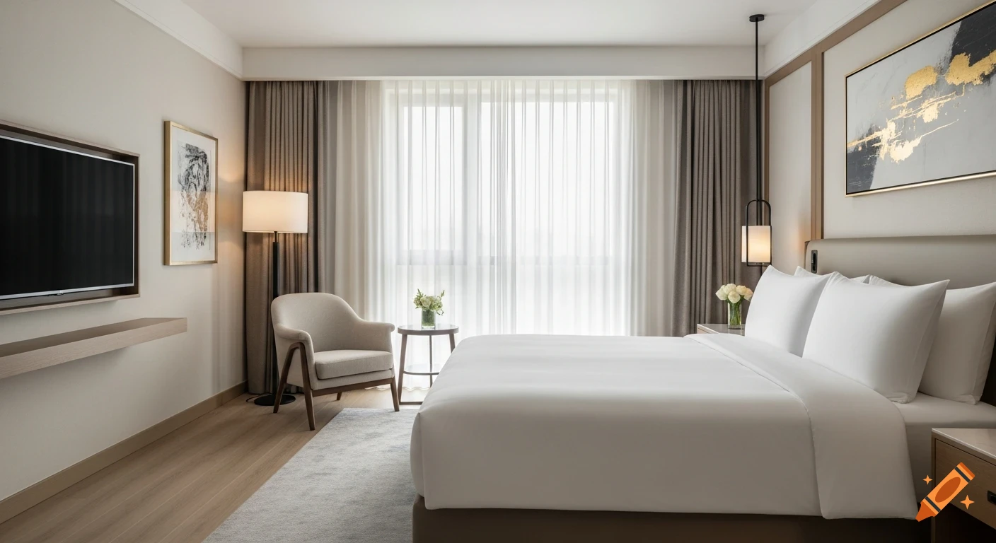 A luxurious, modern hotel bedroom featuring a king-size bed, elegant armchair, and a large window with sheer curtains.