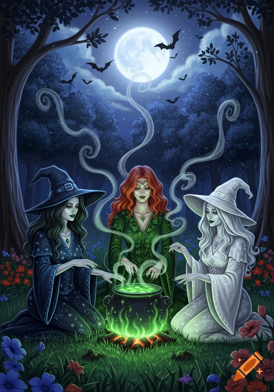 Three witches with green, red, and white hair gather around a glowing cauldron in a mystical moonlit forest, with bats flying overhead.