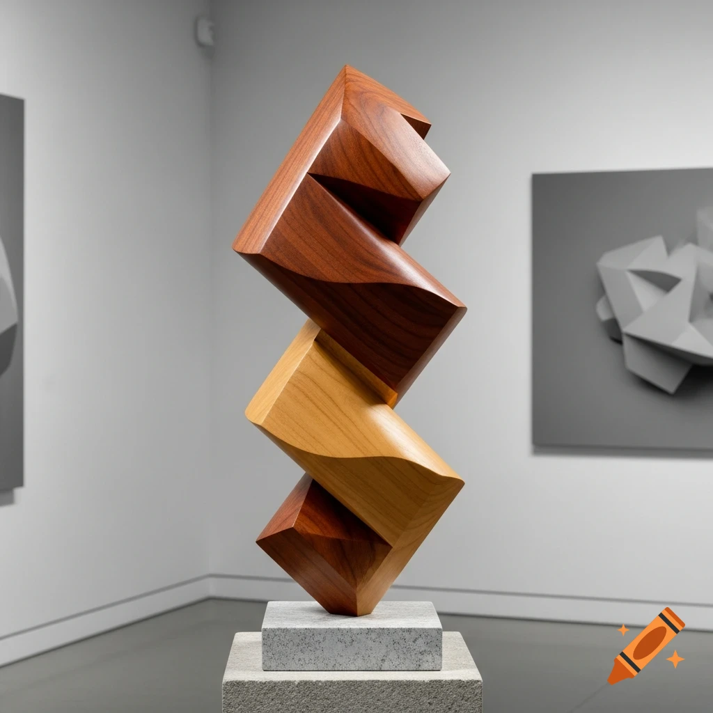 A tall, abstract sculpture made of twisted light and dark wooden geometric forms, displayed on a stone pedestal in an art gallery.