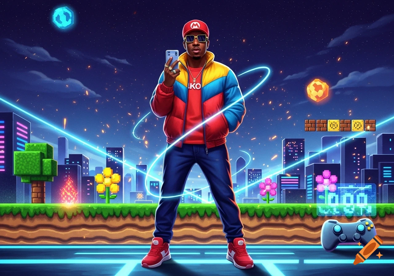 A stylish man in a red cap and colorful jacket holds a phone in a vibrant, pixelated video game cityscape with floating items and a controller.