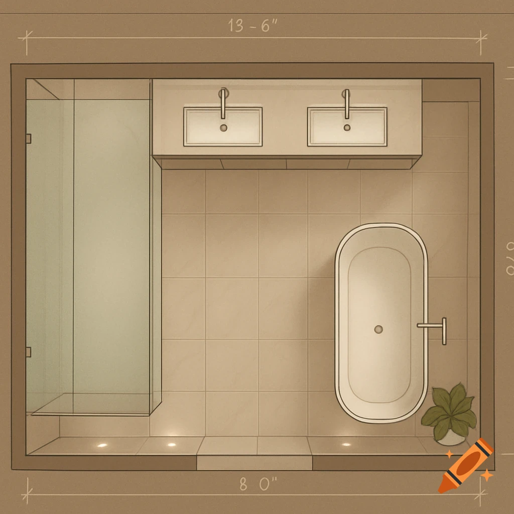 A top-down floor plan illustrating a bathroom layout with a shower, double vanity, bathtub, and plant, including dimensions.