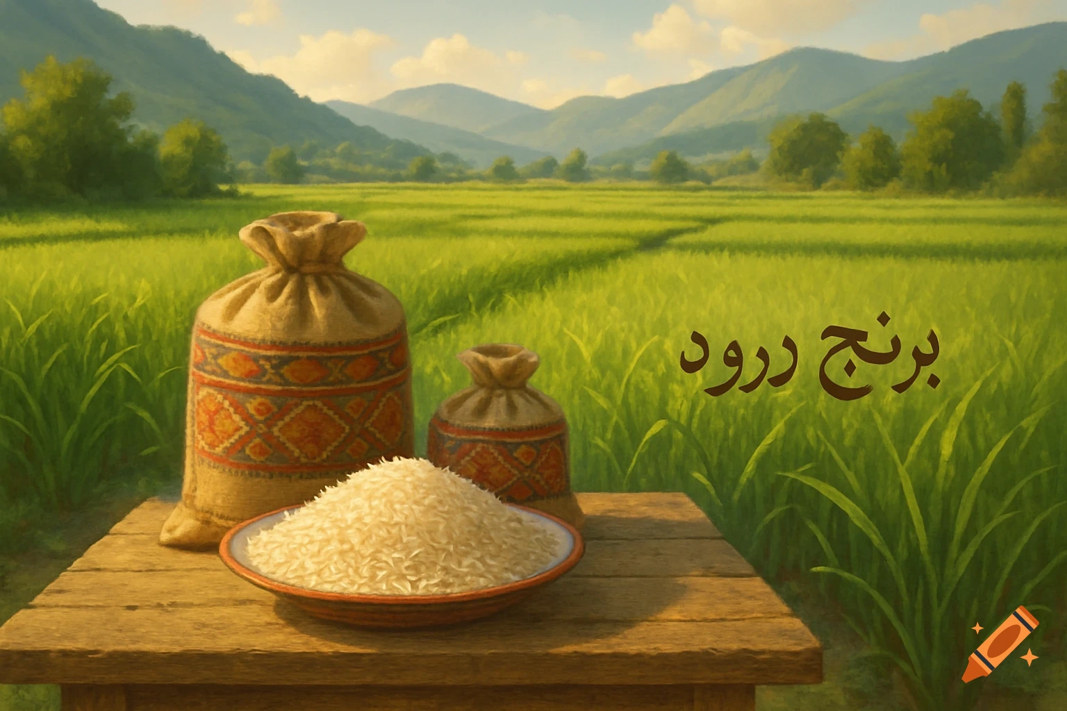 Painterly scene of traditional Iranian rice sacks and a bowl of rice on a wooden table in a green rice paddy field with mountains.