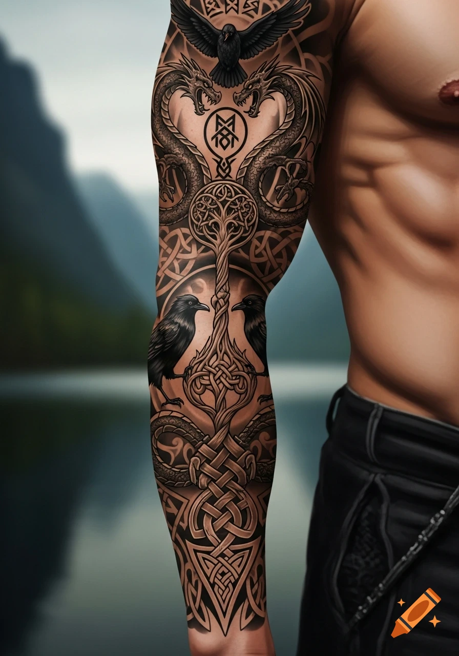 Detailed Nordic tattoo sleeve on a man's arm with dragons, a tree, ravens, and Celtic knot patterns, set against a blurred landscape.