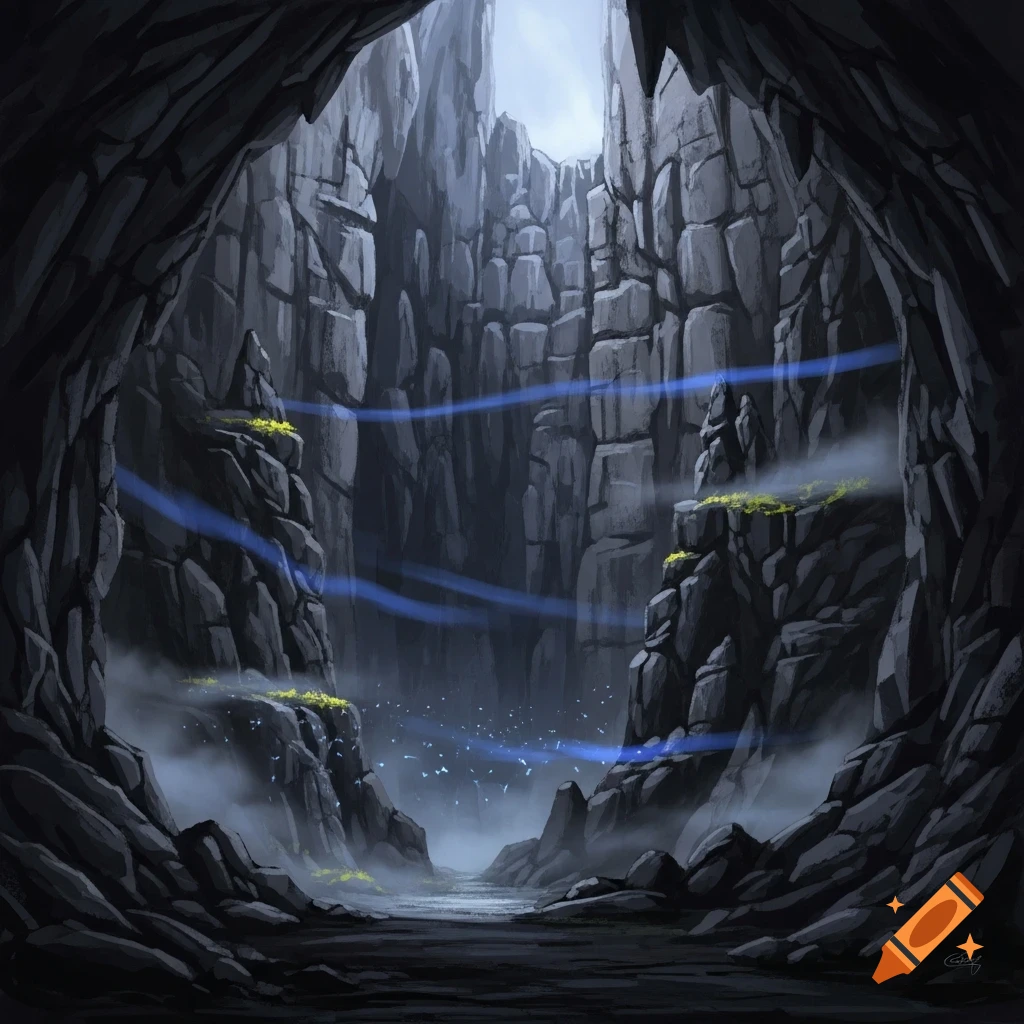 A dark, mysterious cave or canyon with rugged rocky walls, blue glowing lines and particles, and mist.
