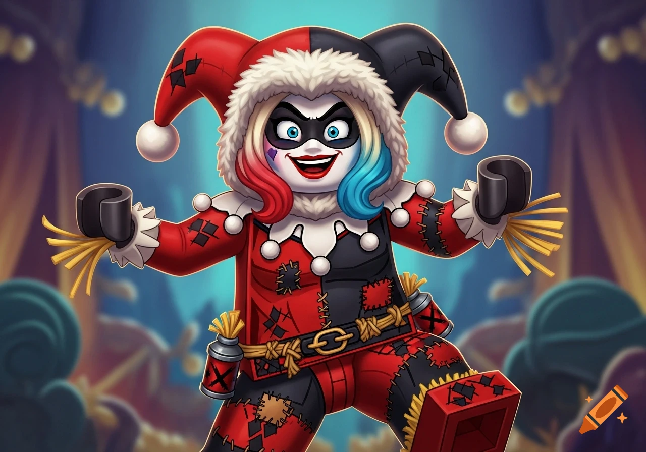 Cartoon Lego Harley Quinn in a red and black jester and scarecrow outfit with straw accents and a mischievous grin.