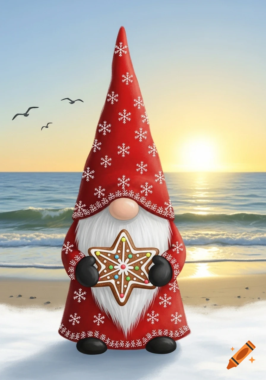 A festive Christmas gnome in a red hat with snowflakes holds a gingerbread star on a sunny beach at sunset.