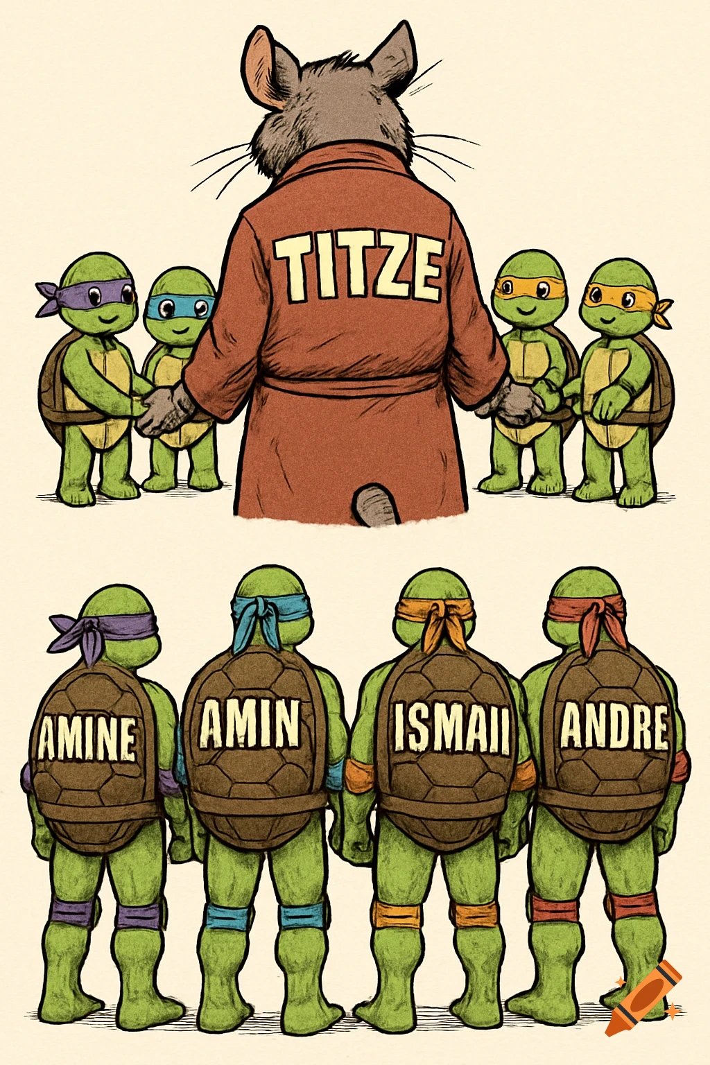 Cartoon of Master Titze the rat with four baby turtles, and four adult turtles named Amine, Amin, Ismail, and André.