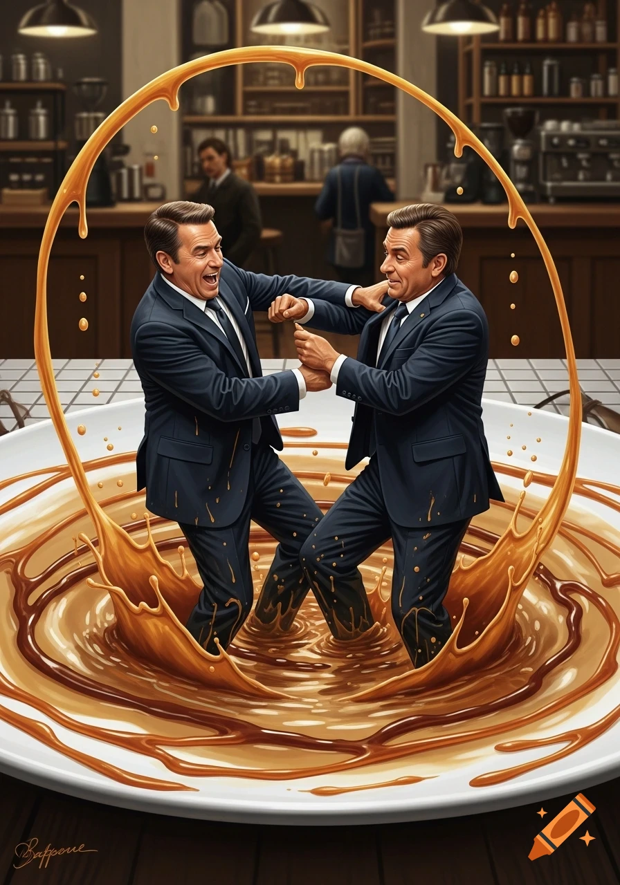 Two men in black suits wrestle in a giant bowl of caramel liquid, splashing in a photorealistic coffee shop setting.