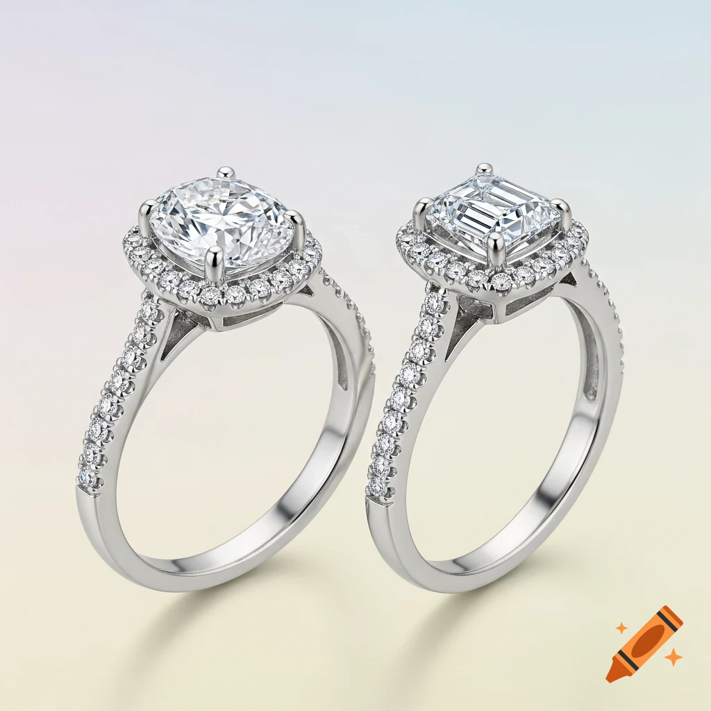 Two photorealistic silver diamond engagement rings, one with an oval cut and one with an emerald cut, both featuring halos and pav bands.