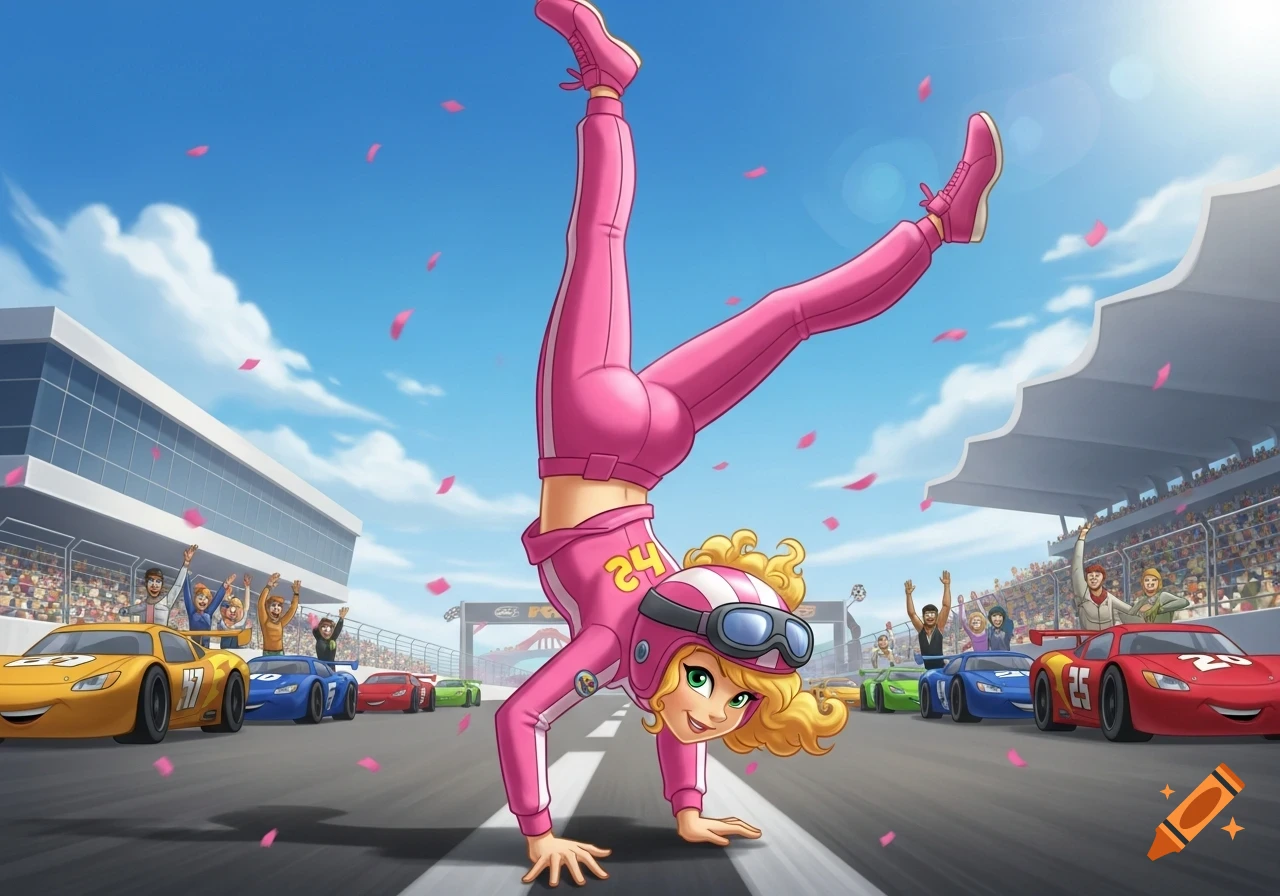 Cartoon Penelope Pitstop does a handstand on a race track with race cars and cheering spectators.