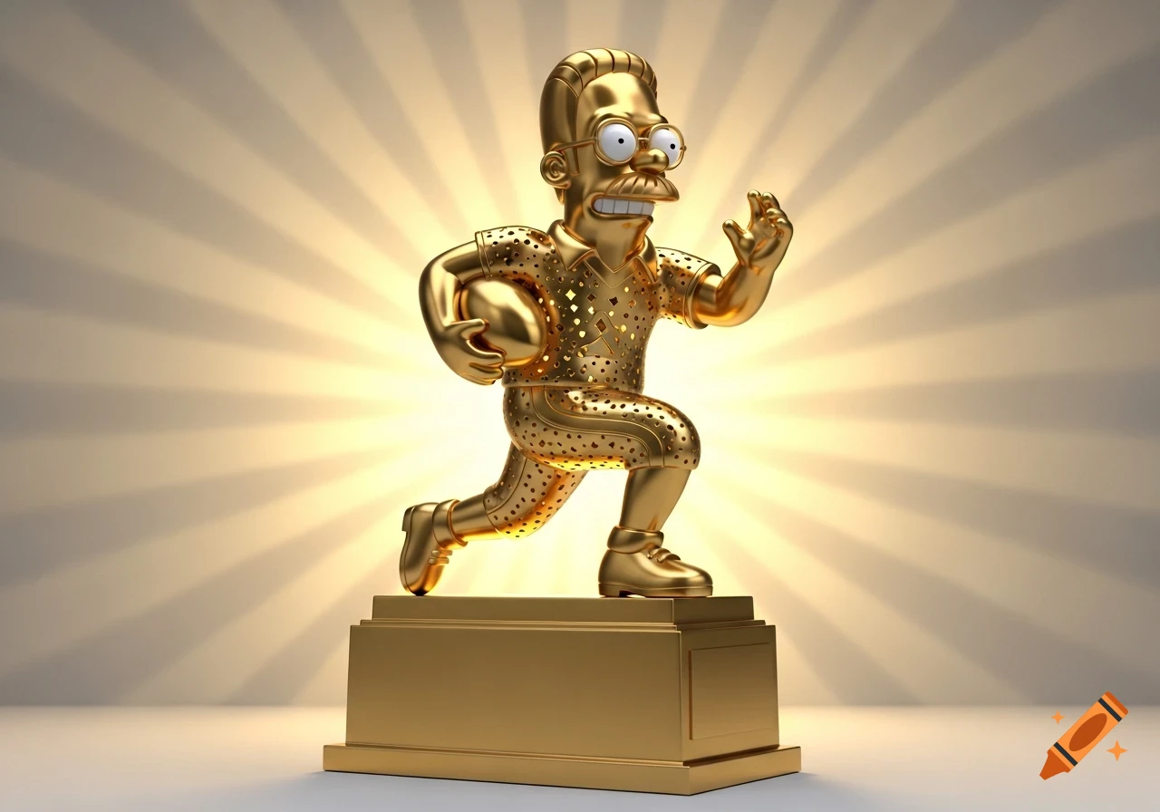 A golden trophy of Ned Flanders from The Simpsons, dressed as a football player, holding a football and running on a golden base.