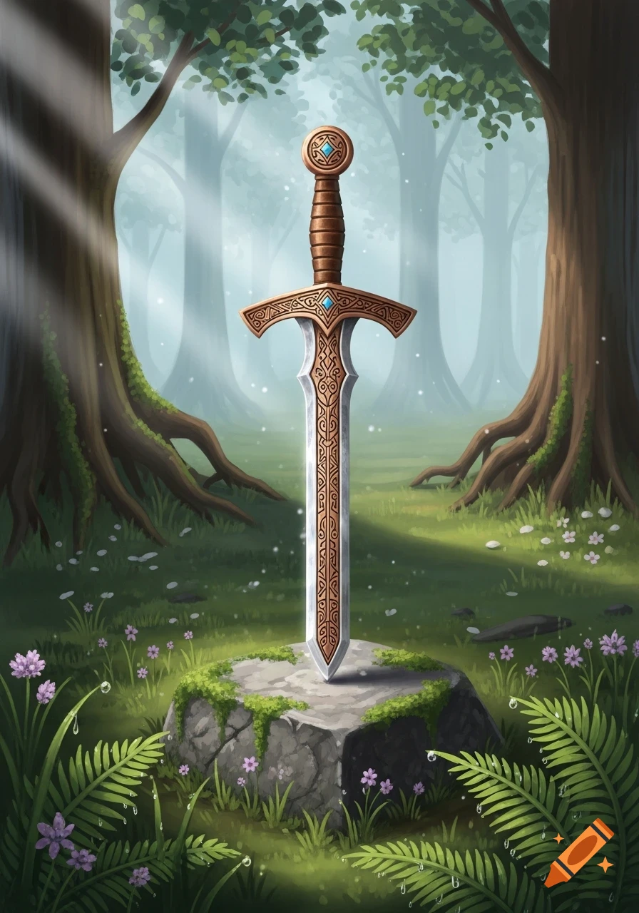 A stylized sword with a copper hilt and intricate patterns stuck in a mossy stone, set in a sunlit fantasy forest clearing with flowers and ferns.