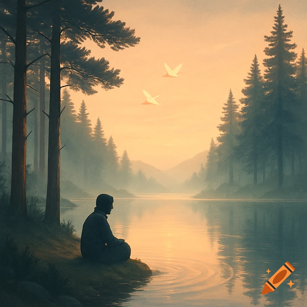 A person sits by a calm lake surrounded by misty pine forests at sunset, with two birds flying in the orange sky.