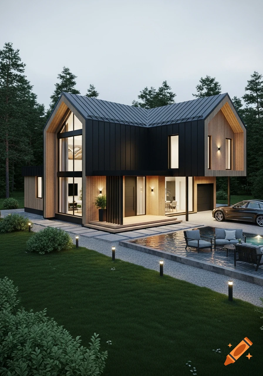 Photorealistic modern house with black and wood finishes, large windows, a landscaped yard, and a car.