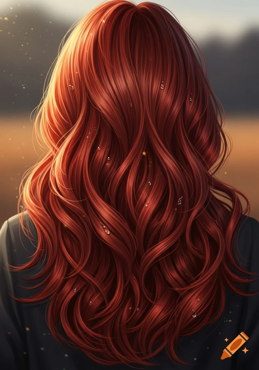 Anime illustration of a person's back with long, wavy red hair and water droplets, against a warm, blurred outdoor background.