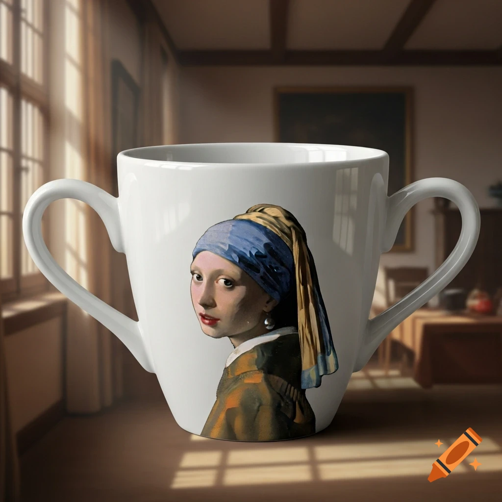 A white coffee cup with two handles displays a print of Vermeer's 'Girl with a Pearl Earring' in a softly lit room.