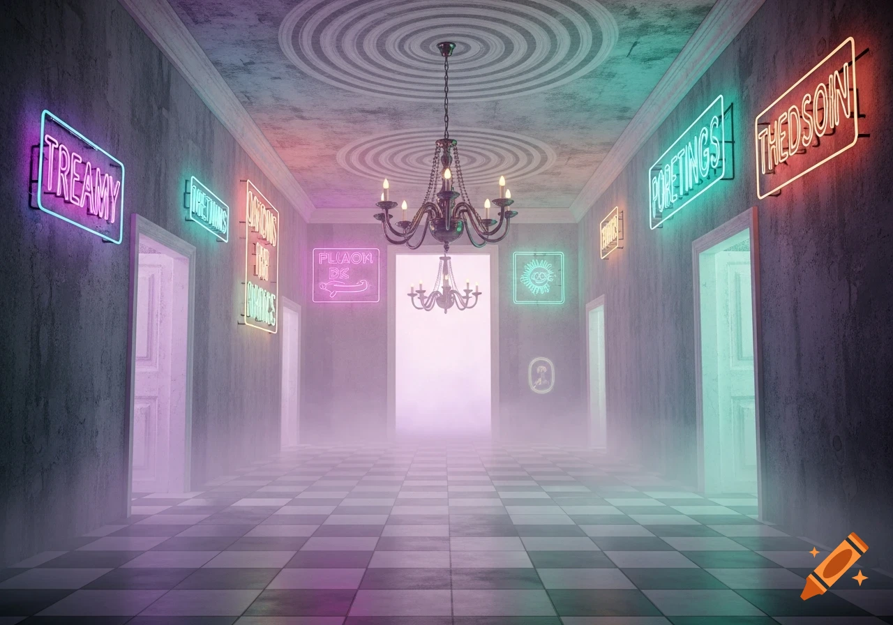 A long, foggy hallway with a checkered floor, a chandelier, and glowing neon signs on the walls, leading to a bright light.