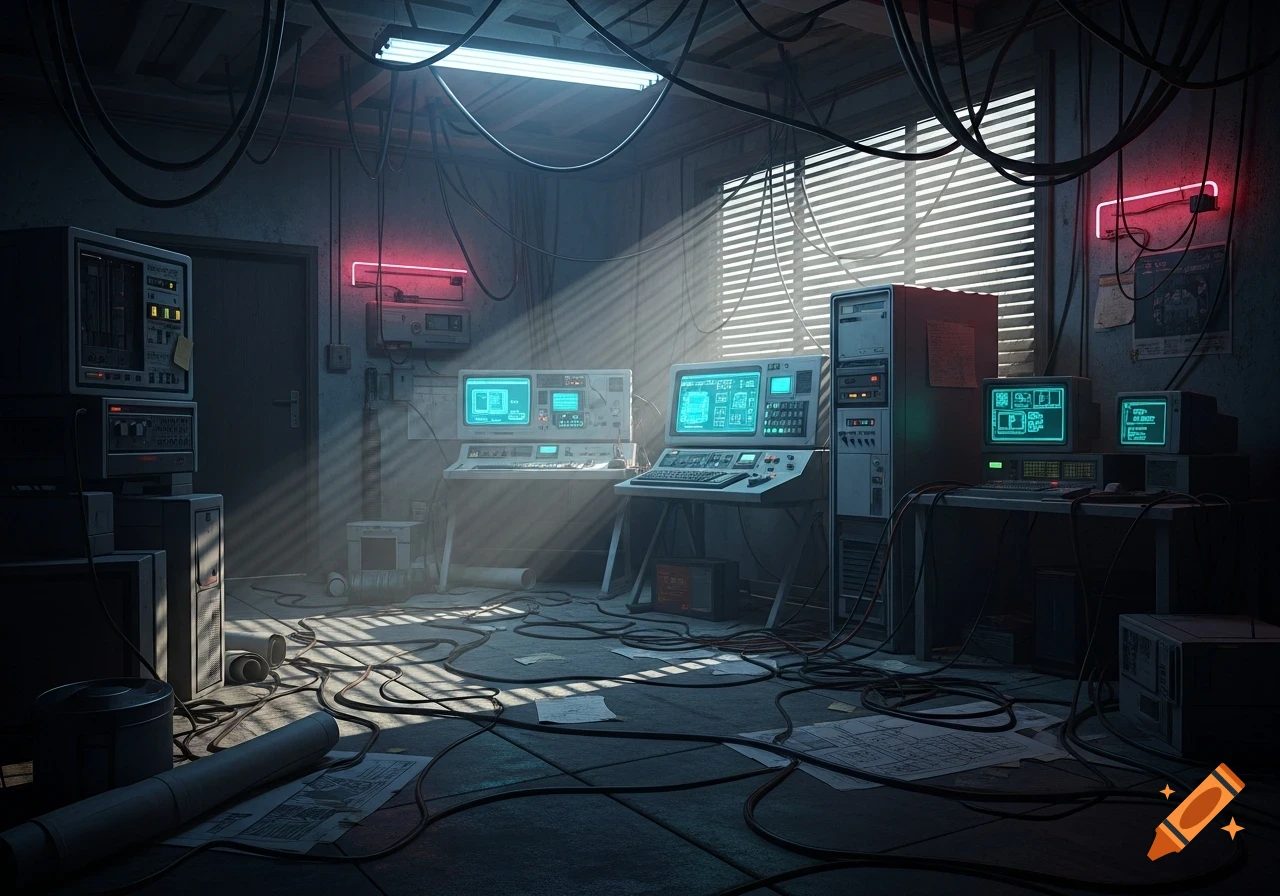 A dark, dusty room with old computers, glowing screens, tangled wires, and sunlight streaming through blinds.