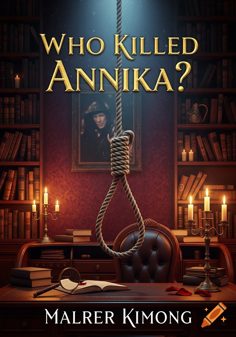 A dark murder mystery book cover shows a noose hanging over a study desk with a magnifying glass, open book, and lit candles, surrounded by bookshelves. The title reads "WHO KILLED ANNIKA?"