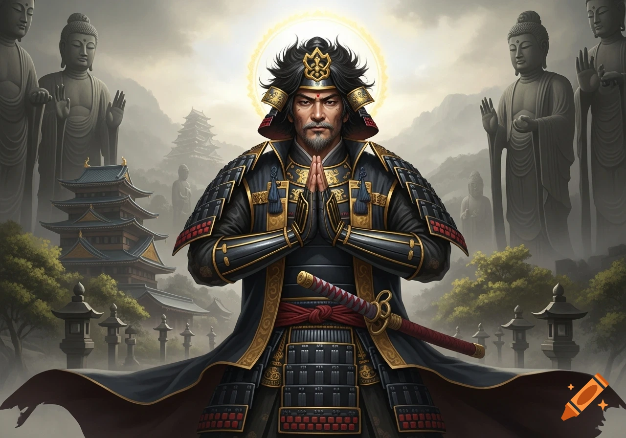 A samurai warrior in black and gold armor with hands clasped in prayer, set against Japanese temples, Buddha statues, and a castle.
