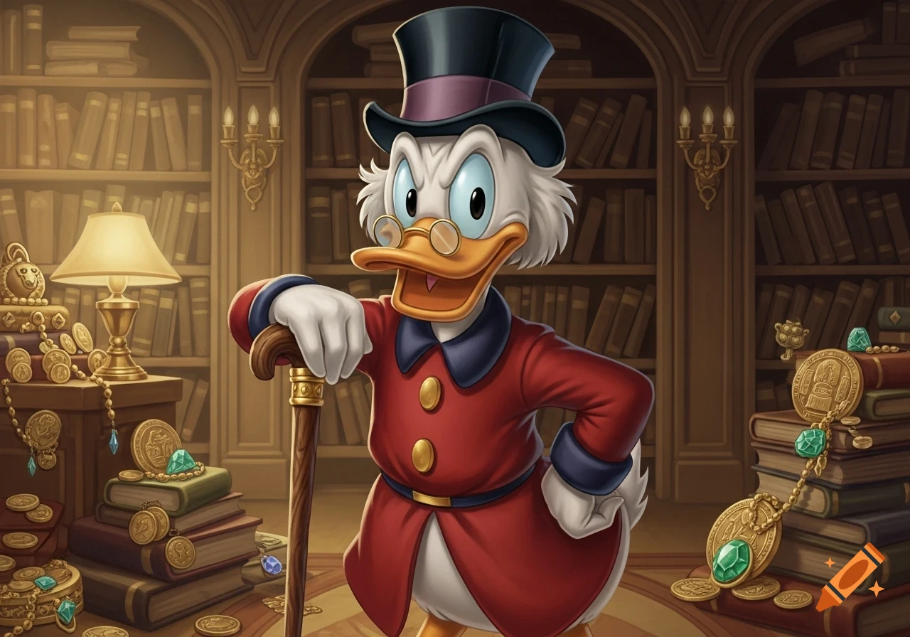Scrooge McDuck, dressed in a red coat and top hat, leans on his cane in a rich library filled with books and piles of gold and gems.