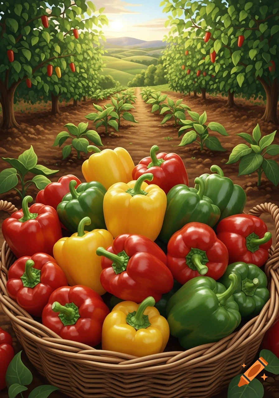 A woven basket overflows with red, yellow, and green bell peppers on a sunny farm with rows of pepper plants.
