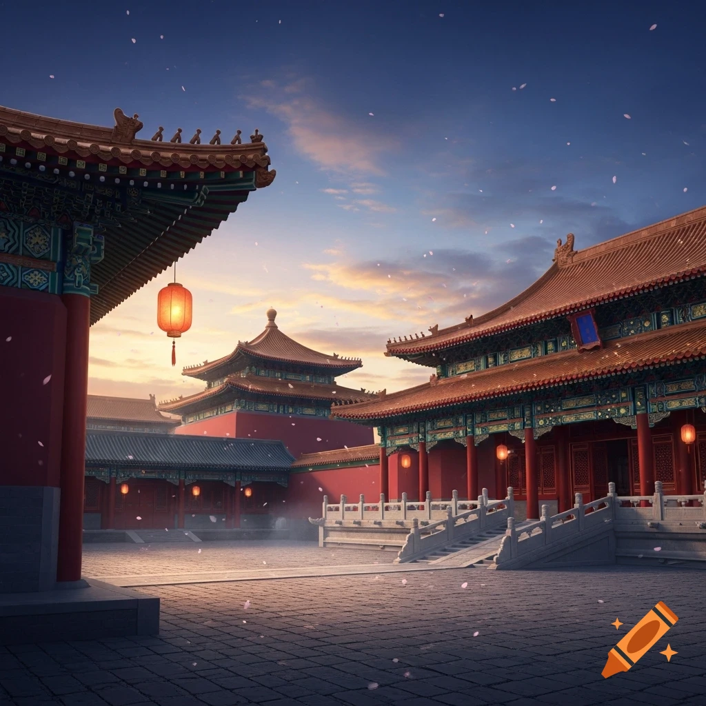 A grand Chinese palace complex at sunset, with traditional red buildings, ornate roofs, hanging lanterns, and falling petals in a courtyard.