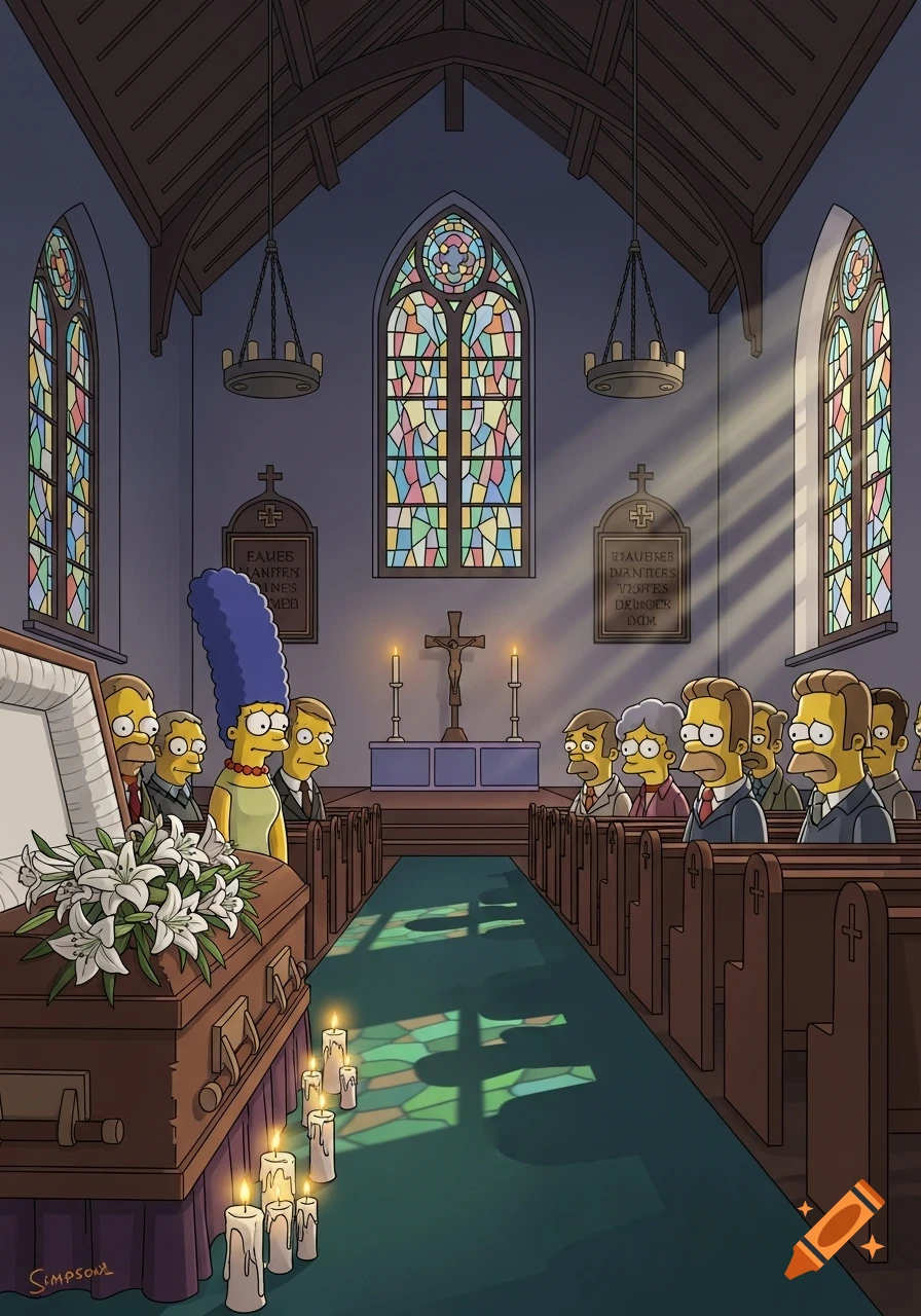 Marge Simpson, Homer, and other characters from The Simpsons attend Maude Flanders' funeral service in a church, with a coffin, flowers, and candles.