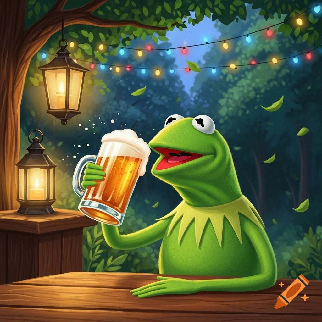 Cartoon illustration of Kermit the Frog happily drinking a beer at a wooden table outdoors, lit by lanterns and string lights.