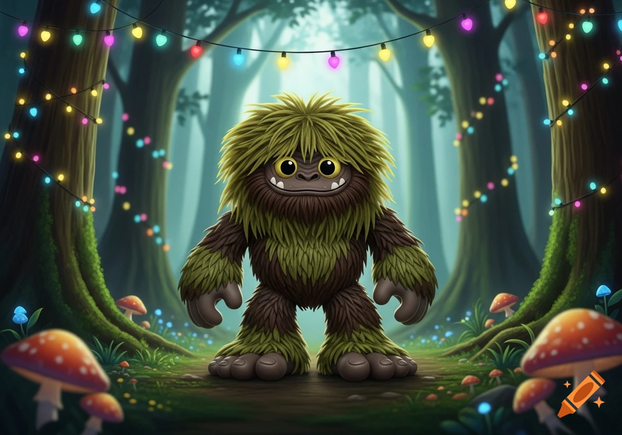 A cartoon Bigfoot-like fuzzy monster toy with big eyes stands in an enchanted forest with colorful lights and mushrooms.