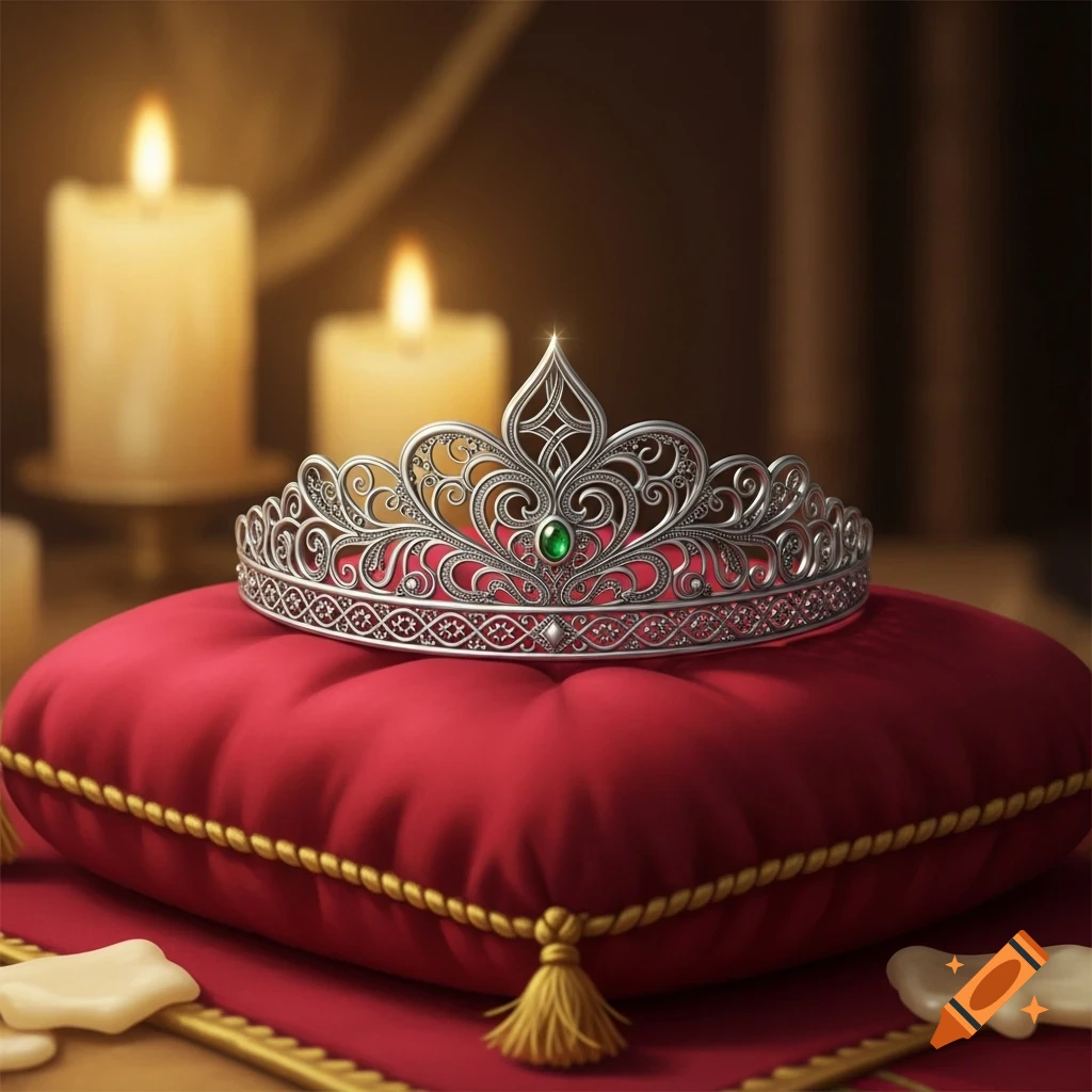A silver filigree tiara with a green emerald rests on a red velvet cushion with gold trim, lit by candles in a dark room.