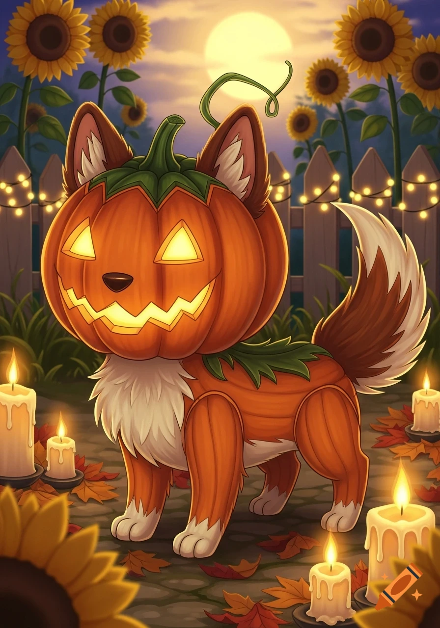 A cute cartoon dog with a jack-o'-lantern head stands among glowing candles, sunflowers, and autumn leaves under a full moon.