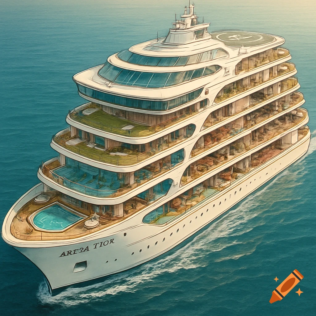 A large, multi-deck luxury cruise ship with pools, green lawns, and a helipad cruises on calm blue water. Illustrated style.