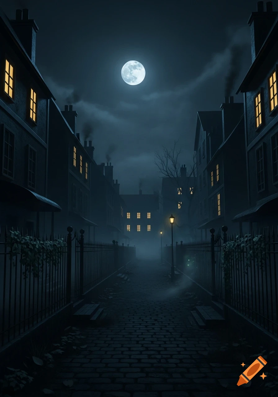 A dark, foggy cobblestone street lined with old buildings and glowing windows under a bright full moon.