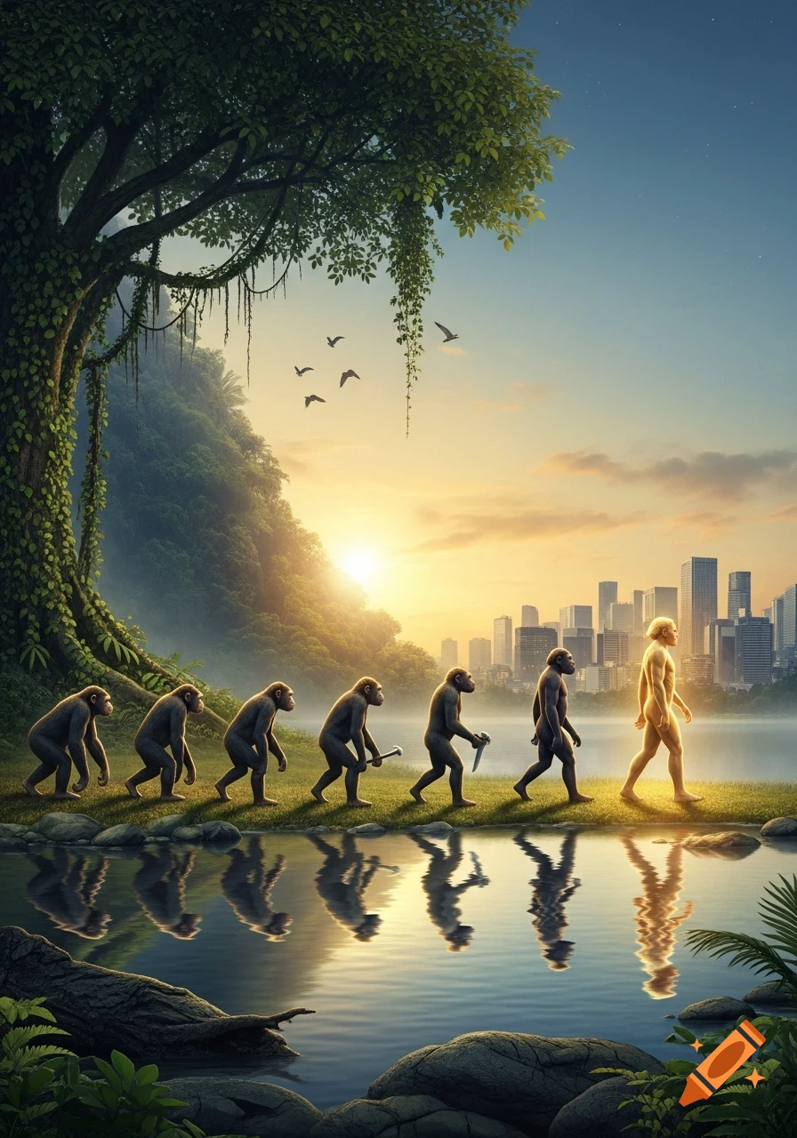 Photorealistic depiction of human evolution from apes to a glowing modern human, walking by a lake with a city skyline at sunrise.