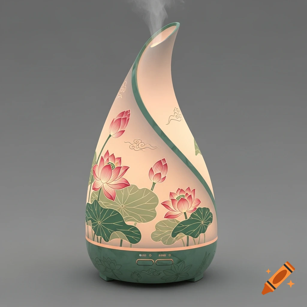 A modern aroma diffuser with an illuminated, swirling design featuring traditional Chinese lotus flowers and leaves, emitting a gentle mist.