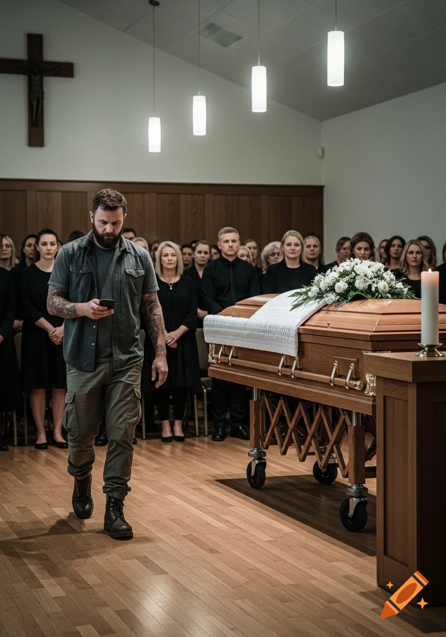 A bearded man in casual clothes walks through a funeral hall, looking at his phone, past a coffin adorned with white flowers and mourners.