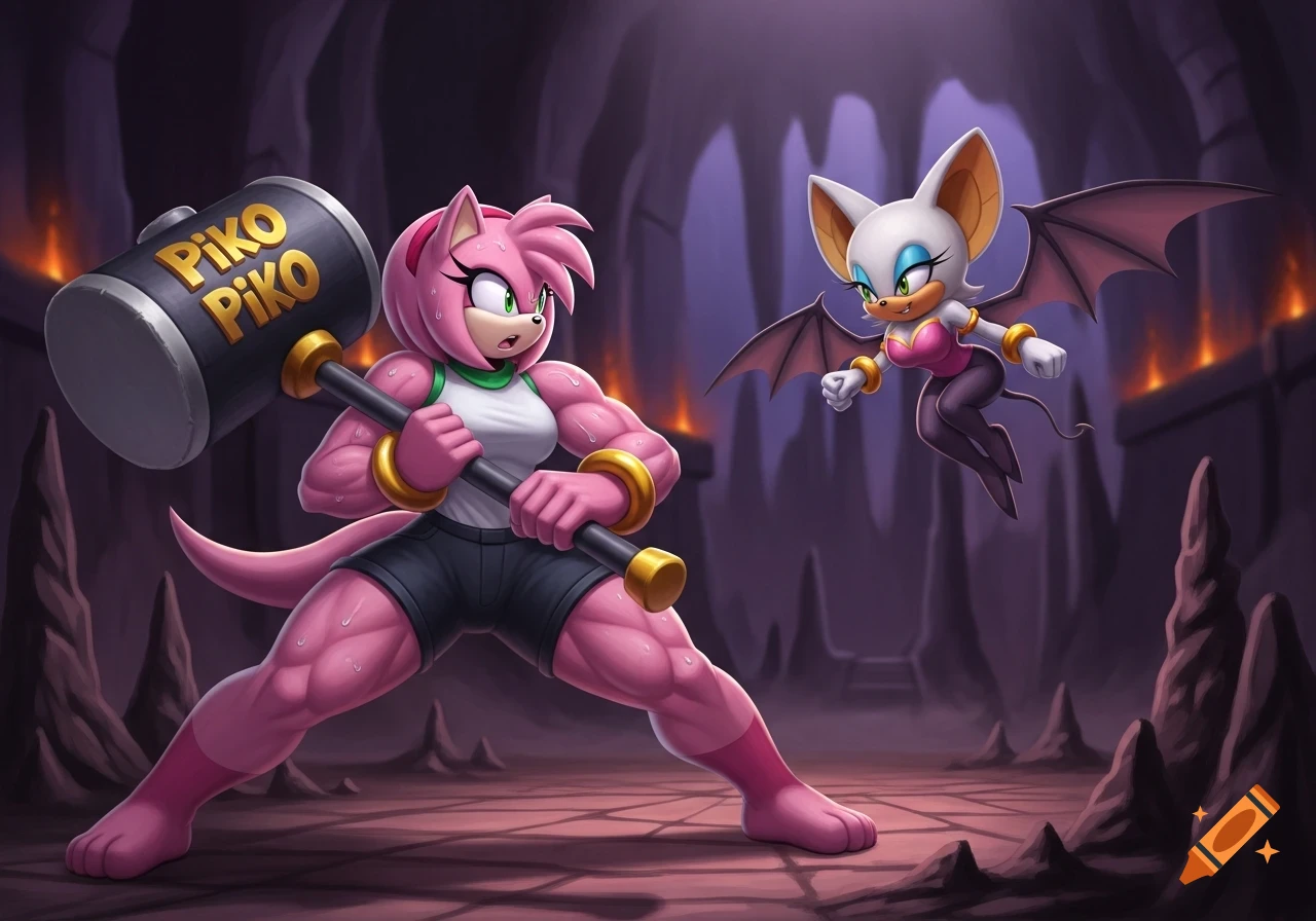 Buff Amy Rose with a Piko Piko hammer confronts Rouge the Bat in a dark cave, anime style.