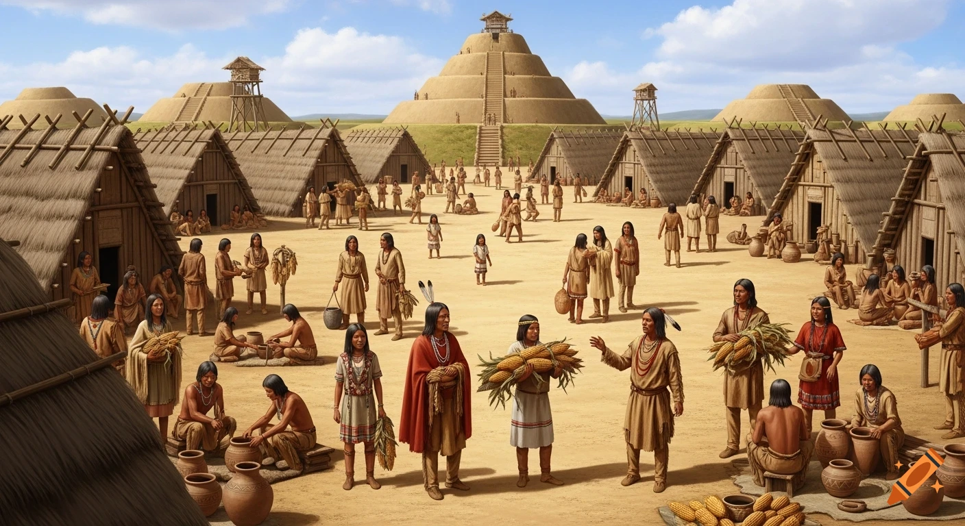 Photorealistic depiction of daily life in a bustling Mississippian settlement with thatched houses, people, and large earthen mounds.