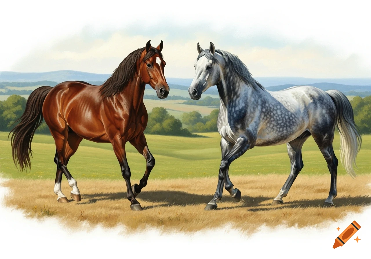 A brown horse and a dappled grey horse pass each other in a grassy field, rendered in an oil painting style.