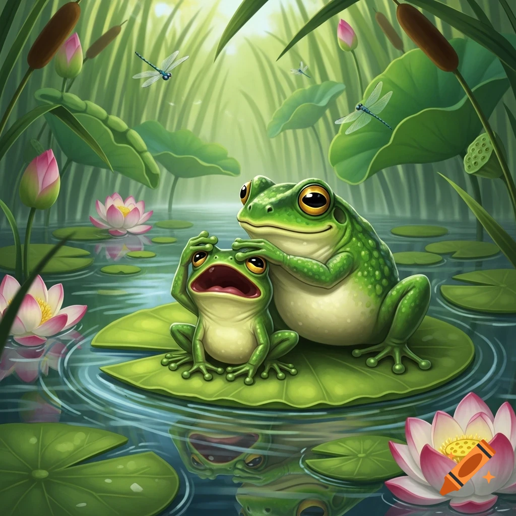 A cartoon large green frog covering the eyes of a smaller frog in a pond with lily pads, lotus flowers, and dragonflies.