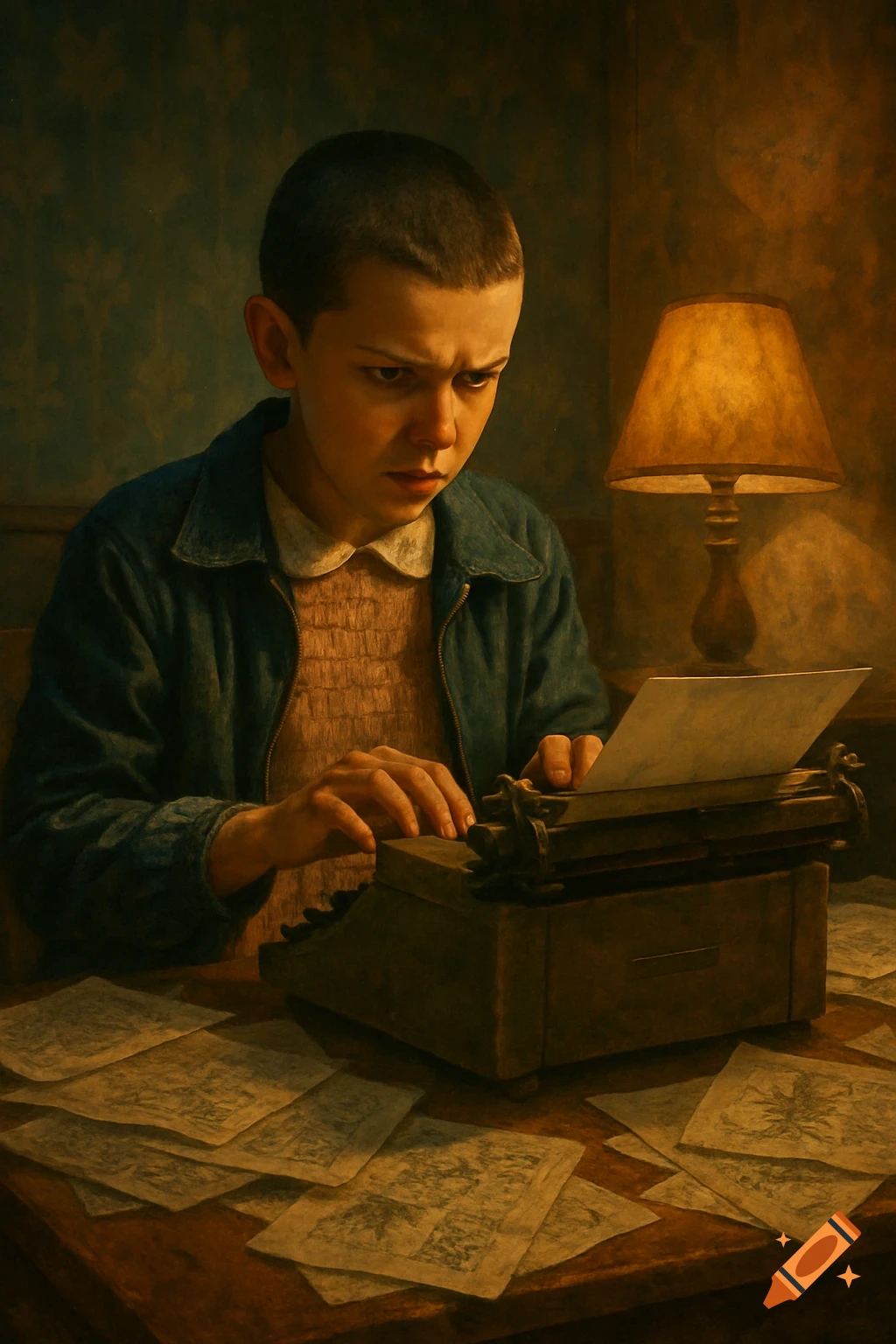 A young person with a buzzcut, wearing a denim jacket, intently types on a vintage typewriter under the warm glow of a lamp, with papers scattered on the table, in a dramatic, painterly style.