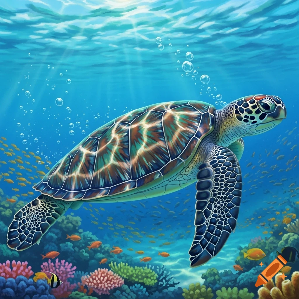 Colorful illustration of a sea turtle swimming over a vibrant coral reef with fish and light rays in blue water.
