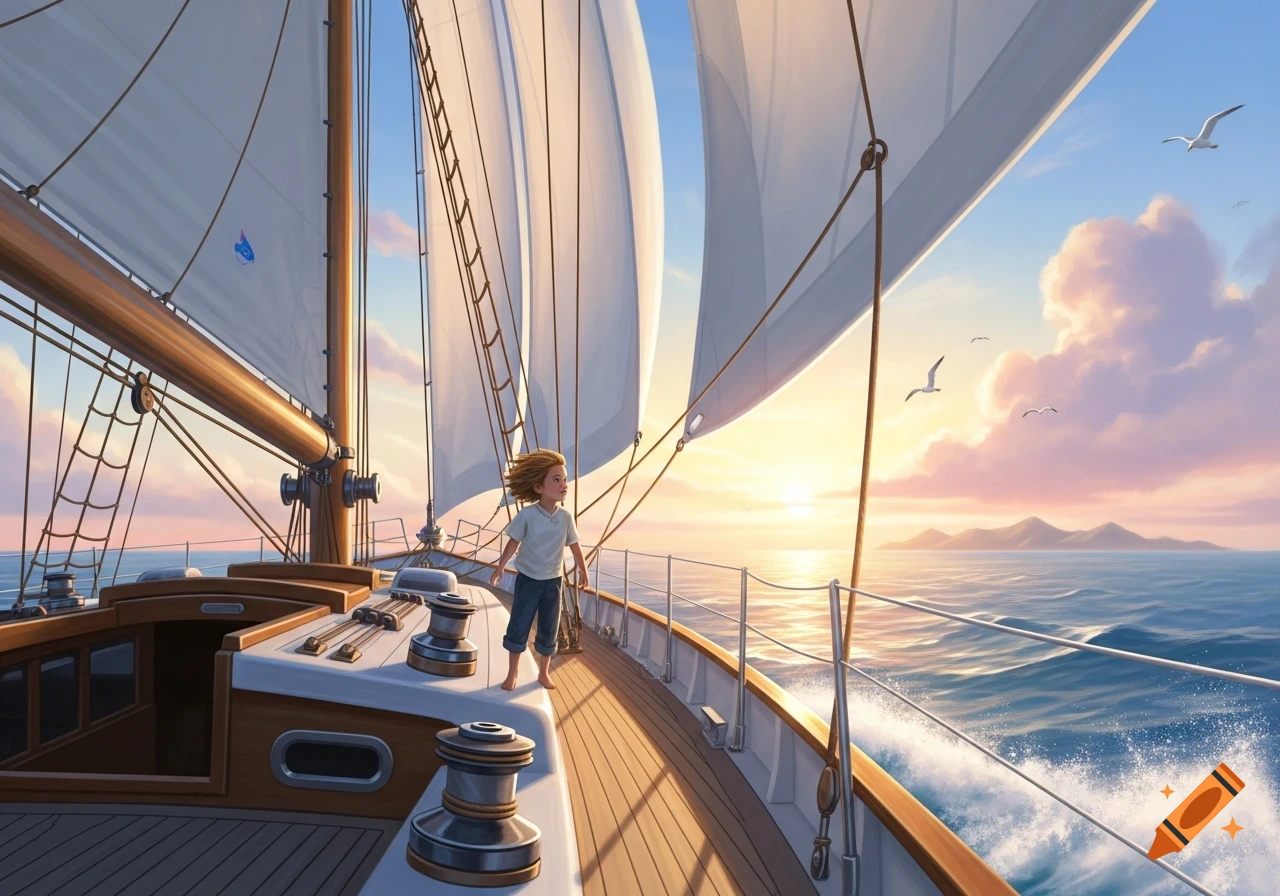 A child stands barefoot on a large sailboat deck, looking towards a beautiful sunset over the ocean with islands and seagulls.
