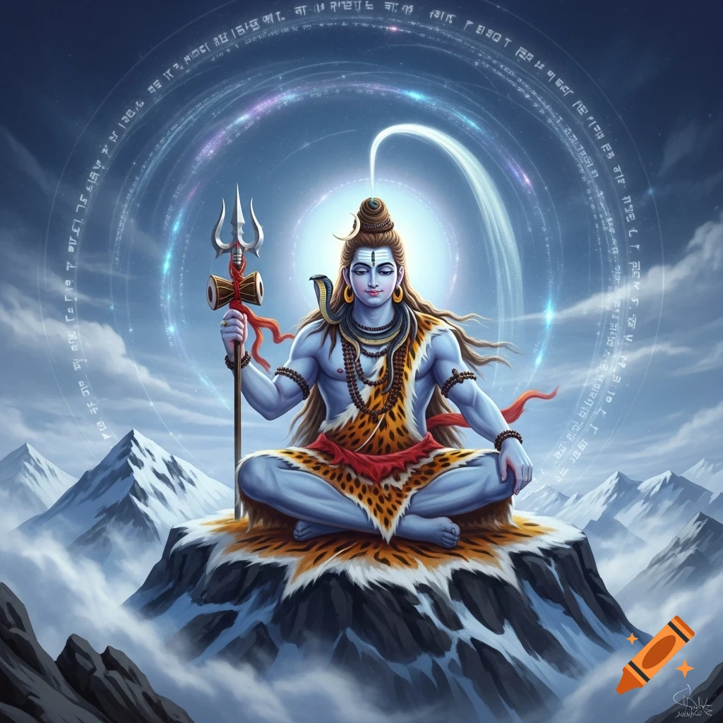 Shiva, a blue-skinned Hindu deity, meditates on a snowy mountain peak, holding a trident, surrounded by glowing mystical rings.