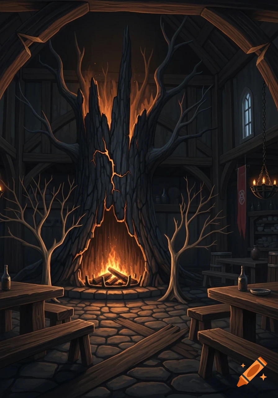 A dark fantasy tavern interior with a massive hollow dead tree serving as a fireplace, glowing with fire, surrounded by wooden tables and a stone floor, under moody firelight.