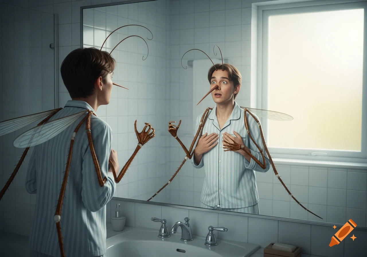A shocked young person in pajamas looks in a bathroom mirror, seeing their reflection with mosquito-like antennae, proboscis, wings, and limbs.