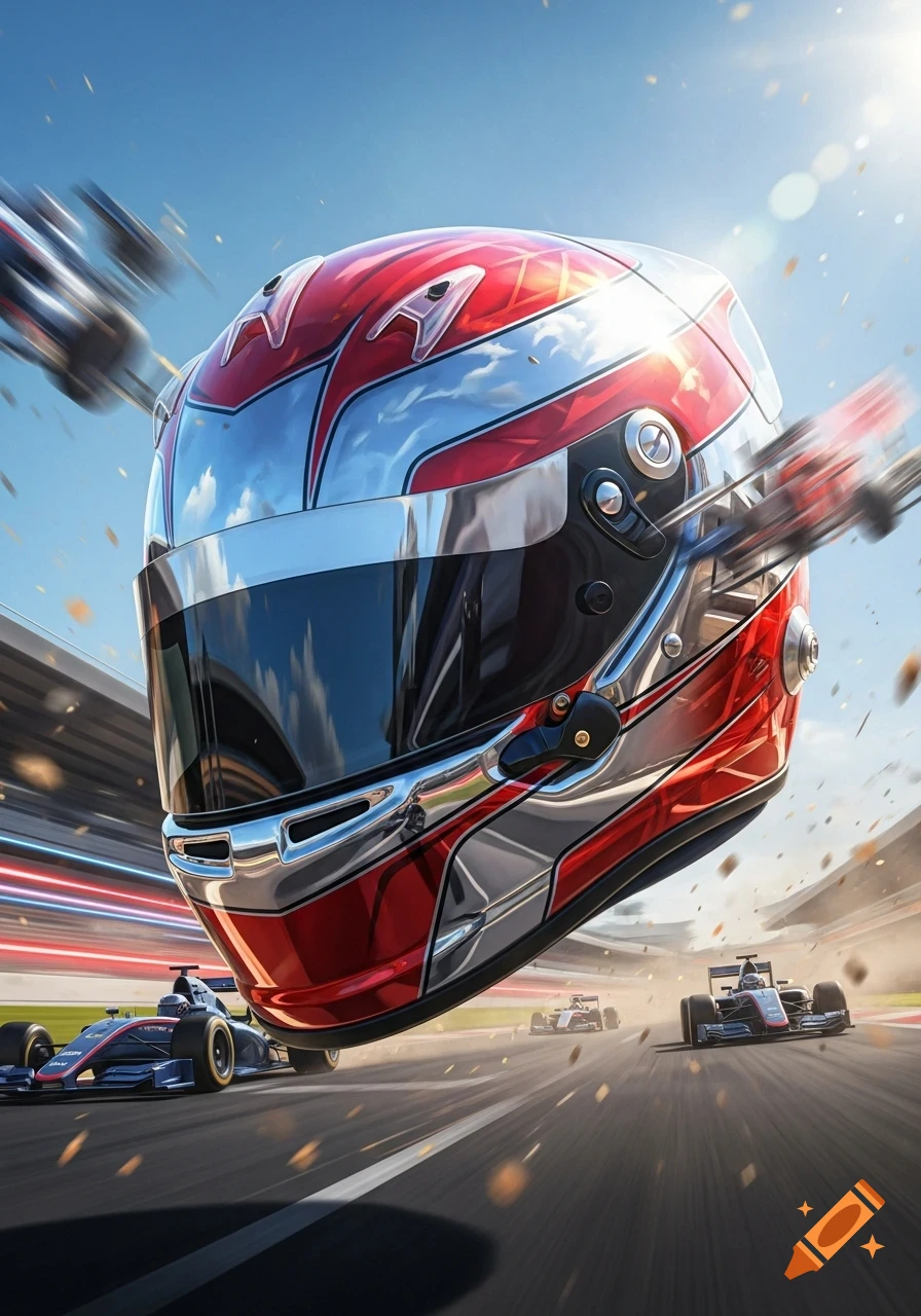 A large, detailed red and silver racing helmet hovers above a race track with multiple blurred Formula 1 cars speeding by under bright sunlight.