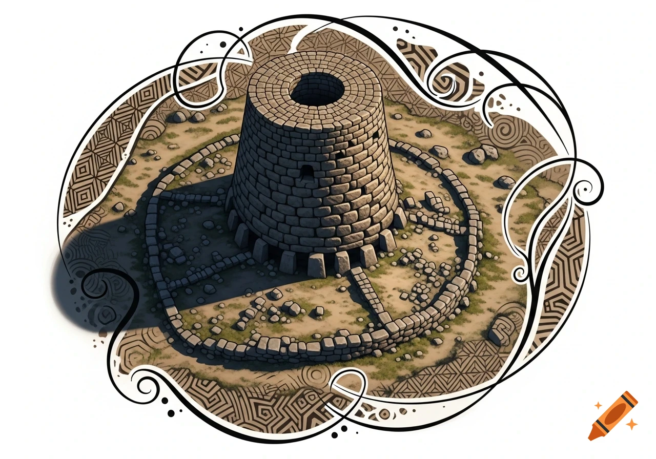 Aerial view of a circular stone nuraghe tower surrounded by stylized geometric patterns and a decorative black border.